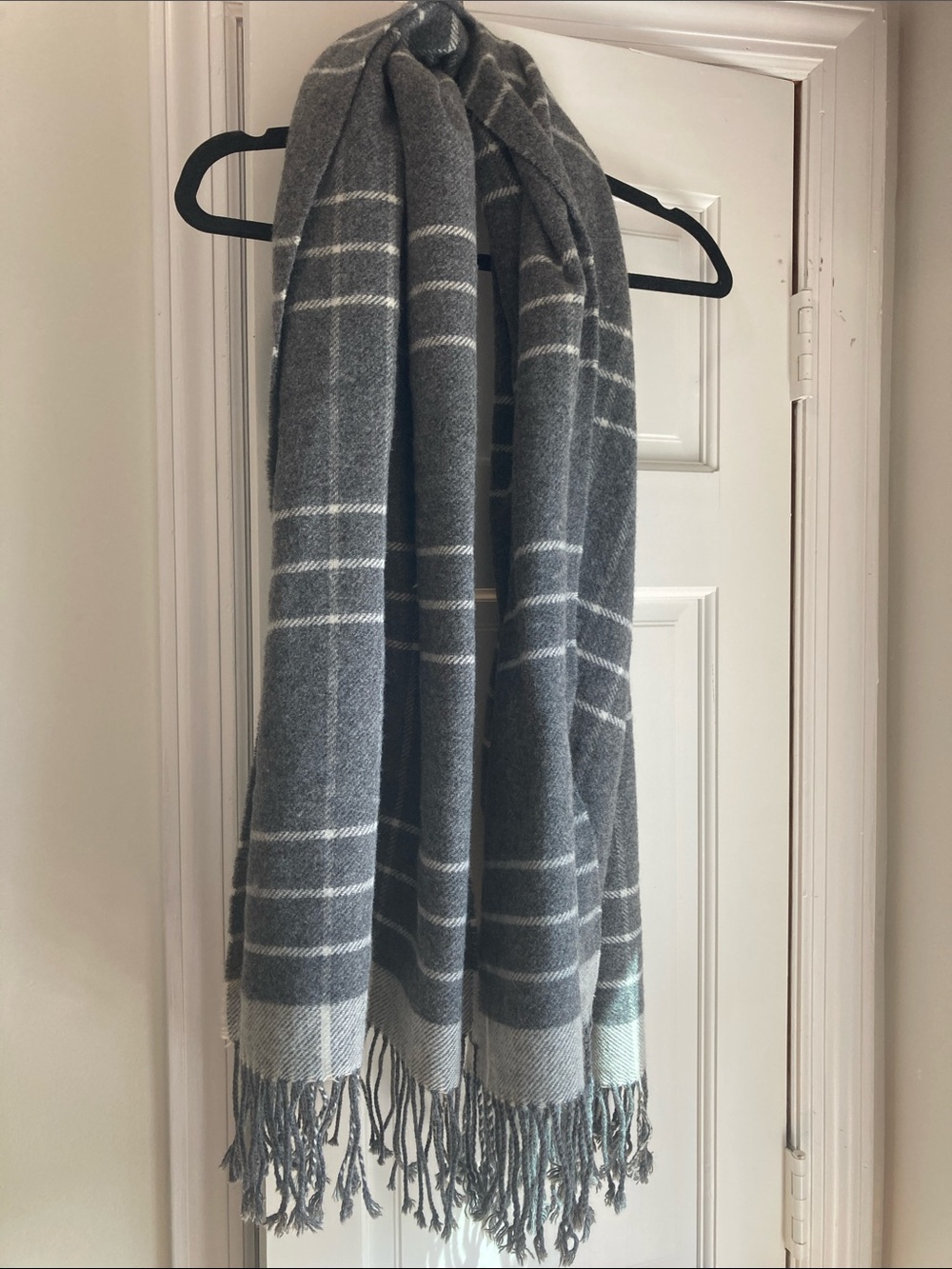 Cozy Wool Blend Gray Plaid Fringe Scarf Wrap - Women's Winter Accessory